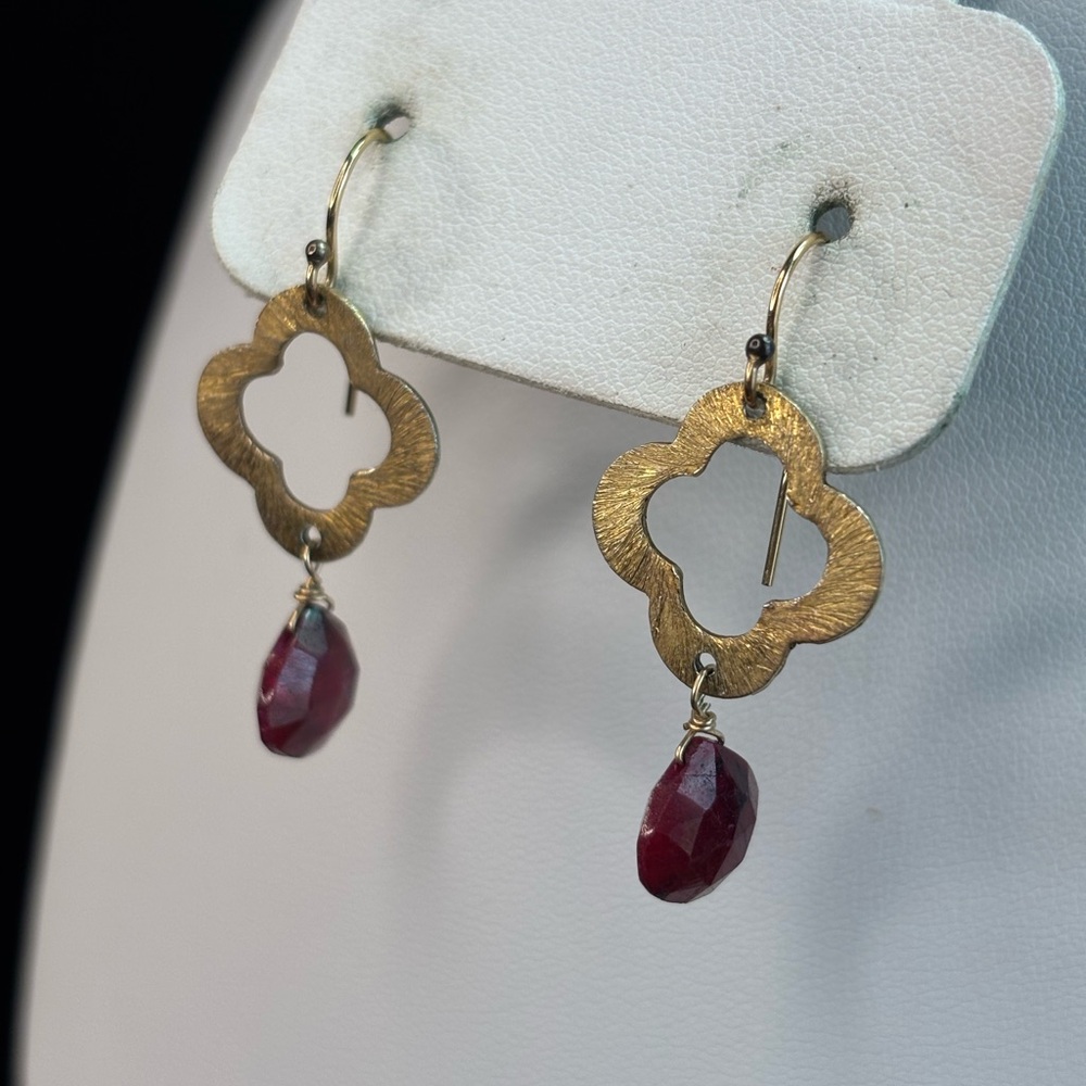 Brushed Gold and Red Teardrop Earrings